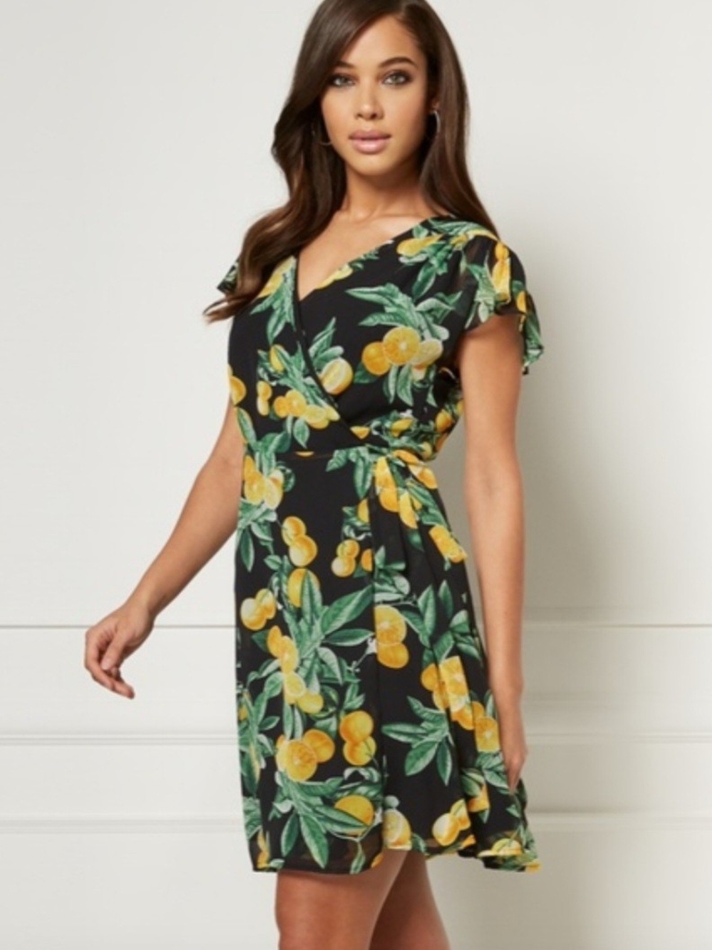 eva mendes for New York & Company Black Wrap Dress with Yellow Citrus Print